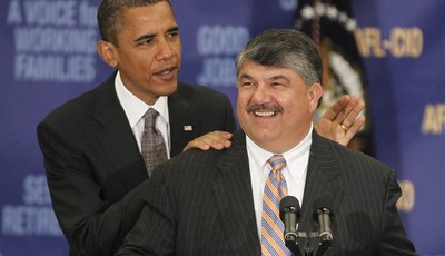 
              File- This Aug. 4, 2010 file photo shows President Barack Obama standing with AFL-CIO Presidet Richard Trumka after he spoke about jobs and the economy at the AFL-CIO Executive Council 